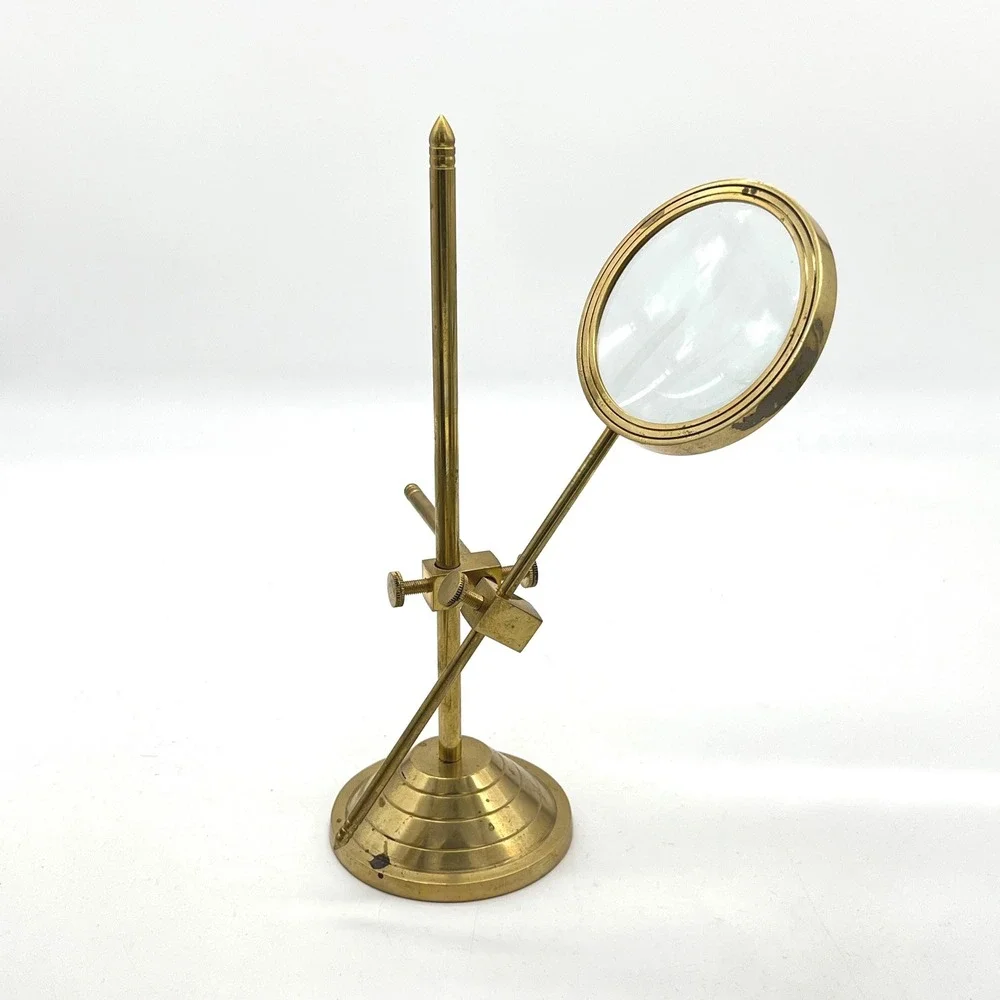 Vintage Solid Brass Adjustable Magnifying Glass Stand Desk Accessory Scientific